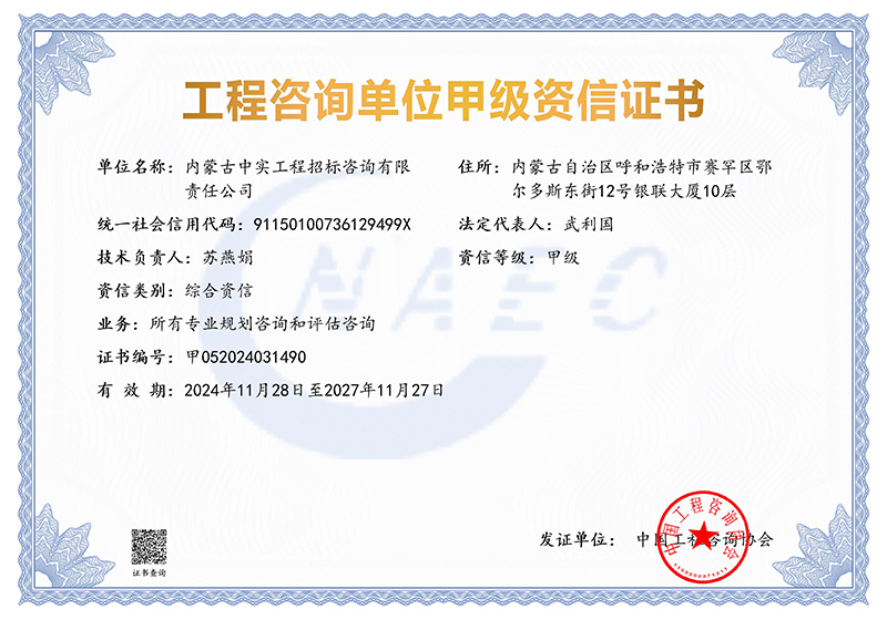 工程咨詢(xún)單位甲級(jí)綜合資信證書(shū)